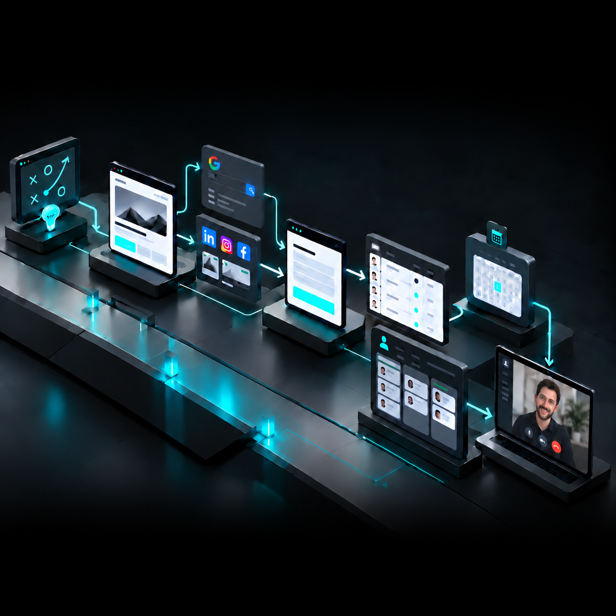 Visualisierung einer durchgängigen agentischen Kundengewinnung von Strategie und Website über Kampagnen, Leads und Termine bis zum Verkaufsgespräch