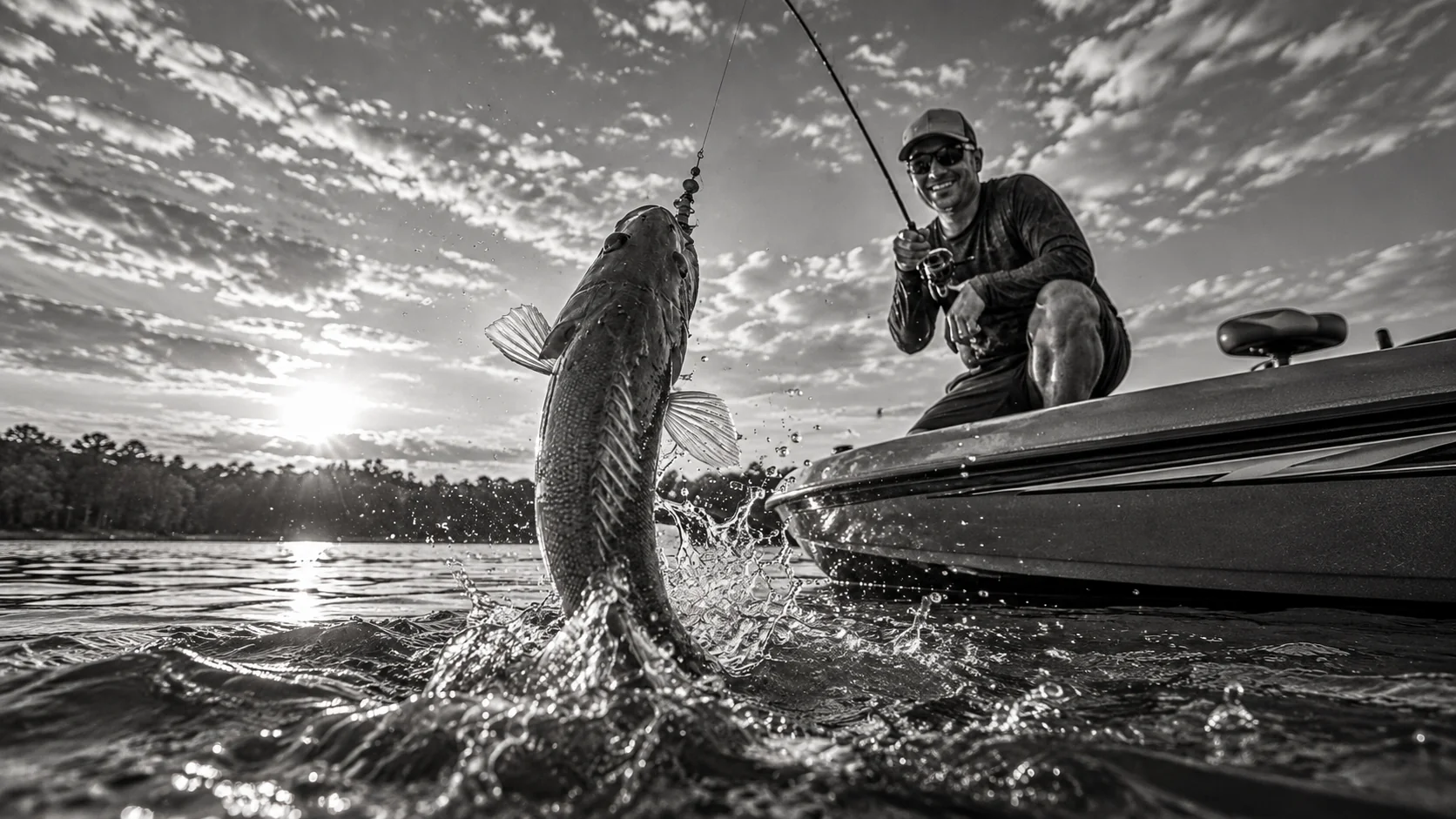 Angler im Boot beim Einholen eines Fisches