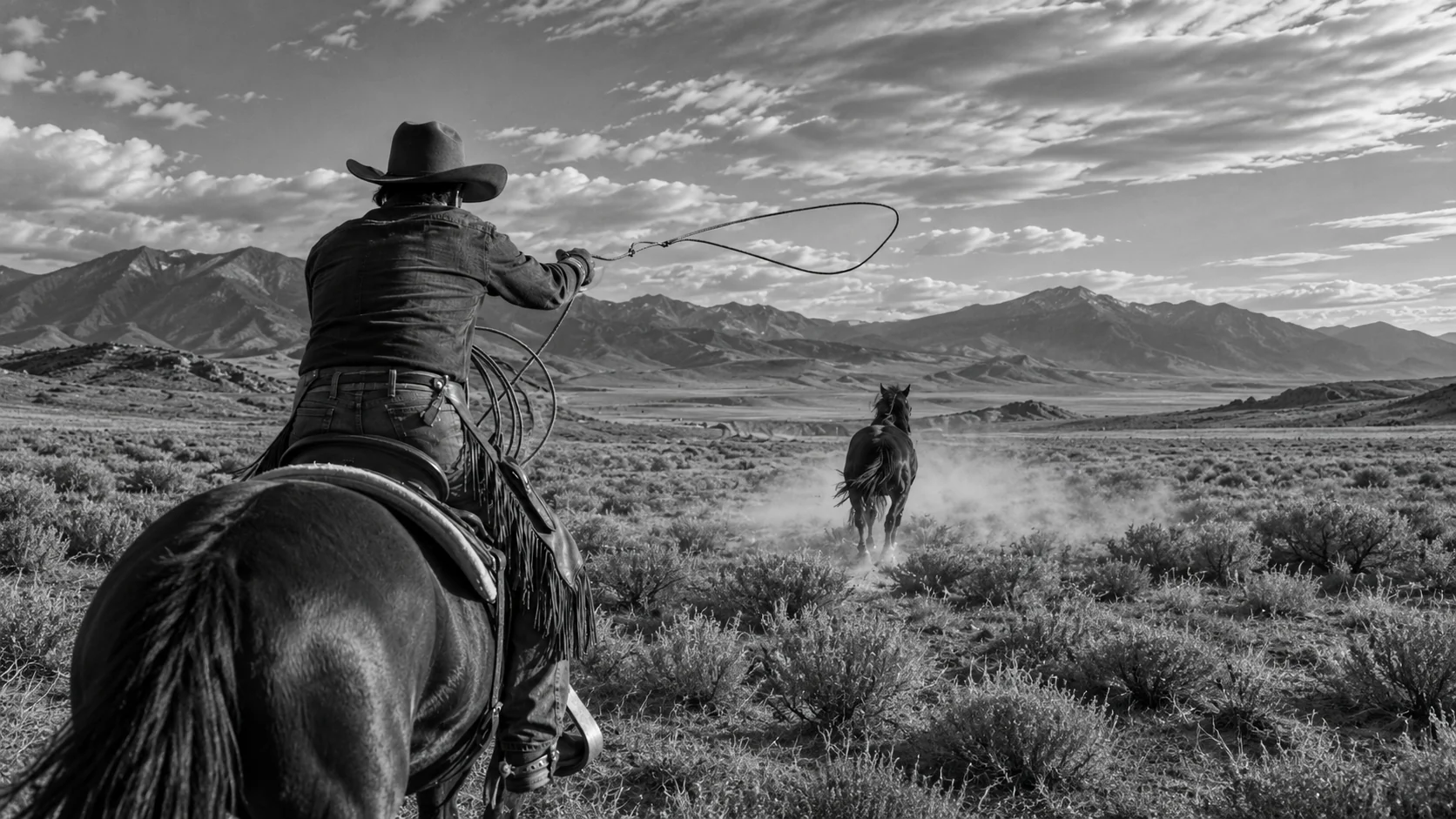 Cowboy zu Pferd beim gezielten Einfangen eines Pferdes